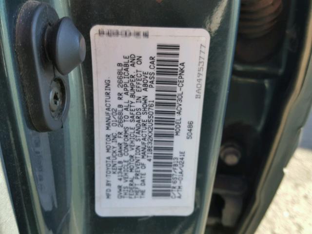 4T1BE32KX2U550761 - 2002 TOYOTA CAMRY LE GREEN photo 10