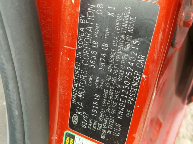 KNADE123076243215 - 2007 KIA RIO RED photo 10