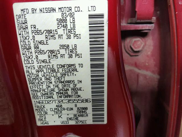 1N6ED27T32C355586 - 2002 NISSAN FRONTIER C RED photo 10