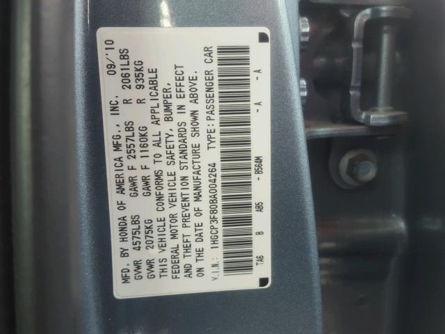 1HGCP3F80BA004264 - 2011 HONDA ACCORD EXL BLUE photo 10