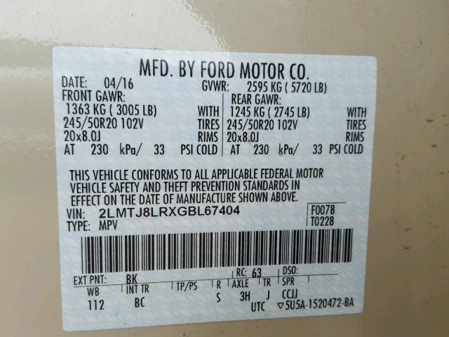 2LMTJ8LRXGBL67404 - 2016 LINCOLN MKX RESERV CREAM photo 10