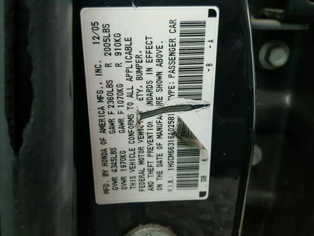 1HGCM66316A025810 - 2006 HONDA ACCORD LX BLUE photo 10