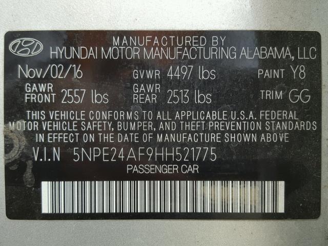 5NPE24AF9HH521775 - 2017 HYUNDAI SONATA SE SILVER photo 10