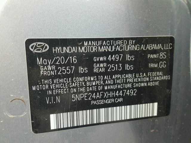 5NPE24AFXHH447492 - 2017 HYUNDAI SONATA SE GRAY photo 10