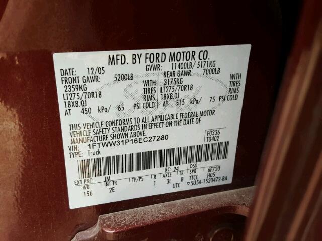 1FTWW31P16EC27280 - 2006 FORD F350 SRW S BURGUNDY photo 10