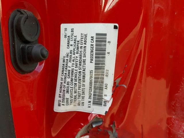 2HGFG2A50BH700225 - 2011 HONDA CIVIC SI RED photo 10