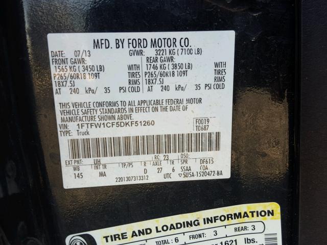 1FTFW1CF5DKF51260 - 2013 FORD F150 SUPER BLACK photo 10