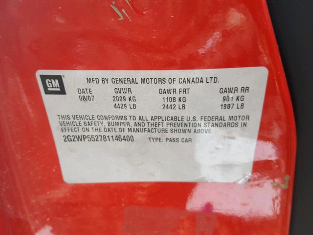 2G2WP552781146400 - 2008 PONTIAC GRAND PRIX RED photo 10