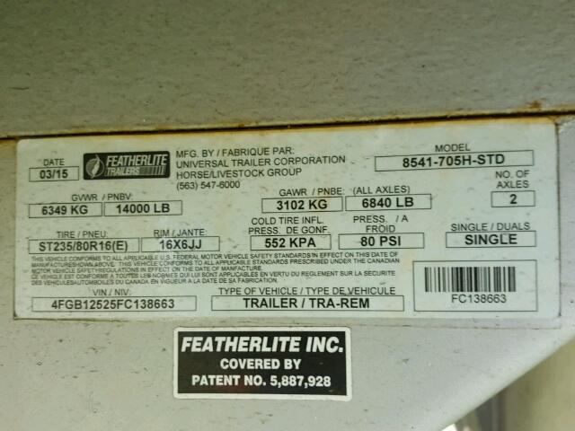 4FGB12525FC138663 - 2015 FEATHERLITE MFG INC HORSETRAIL WHITE photo 10