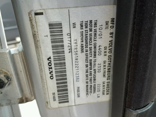 YV1RS61R222112382 - 2002 VOLVO S60 SILVER photo 10
