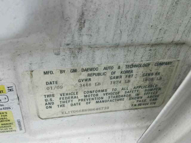 KL1TD66E69B646739 - 2009 CHEVROLET AVEO LS WHITE photo 10