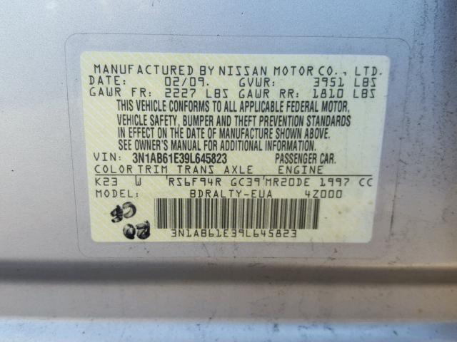 3N1AB61E39L645823 - 2009 NISSAN SENTRA 2.0 BLACK photo 10