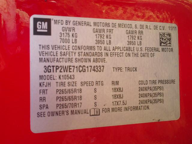 3GTP2WE71CG174337 - 2012 GMC SIERRA K15 RED photo 10