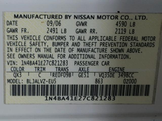 1N4BA41E27C821283 - 2007 NISSAN MAXIMA SE WHITE photo 10