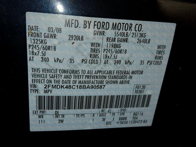 2FMDK48C18BA90587 - 2008 FORD EDGE SEL BLUE photo 10