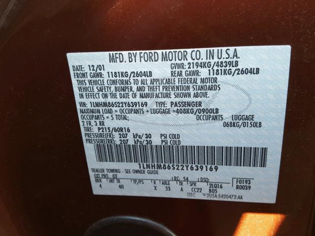 1LNHM86S22Y639169 - 2002 LINCOLN LS 栗色 照片 10