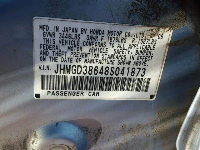 JHMGD38648S041873 - 2008 HONDA FIT SPORT BLUE photo 10