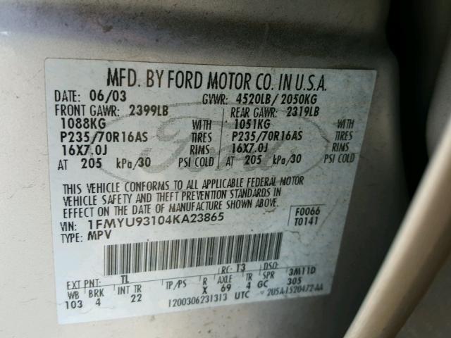 1FMYU93104KA23865 - 2004 FORD ESCAPE XLT SILVER photo 10