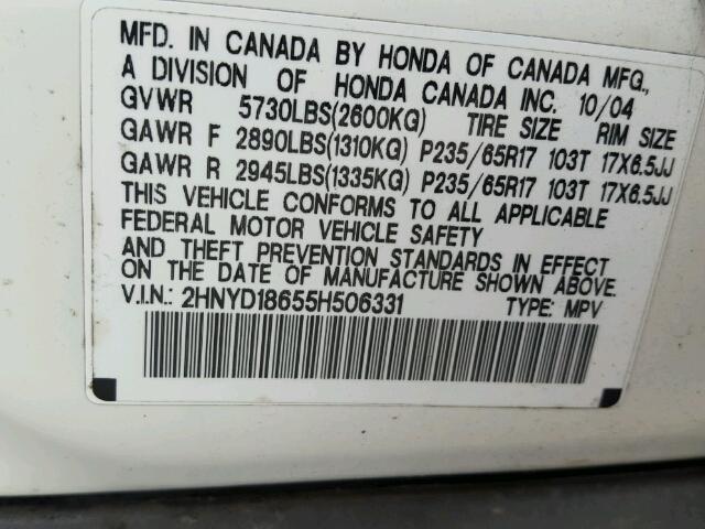 2HNYD18655H506331 - 2005 ACURA MDX TOURIN WHITE photo 10