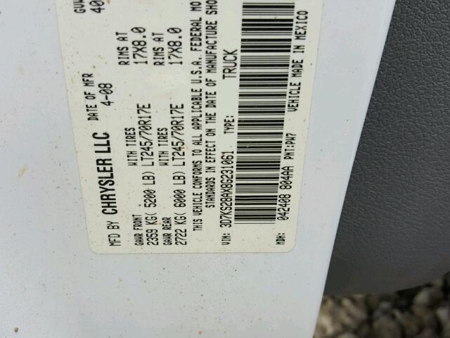 3D7KS28AX8G231061 - 2008 DODGE RAM 2500 S Սպիտակ լուսանկար 10