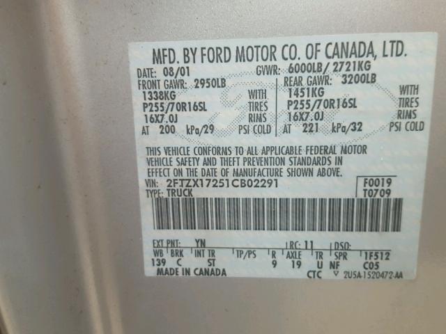 2FTZX17251CB02291 - 2001 FORD F150 SILVER photo 10