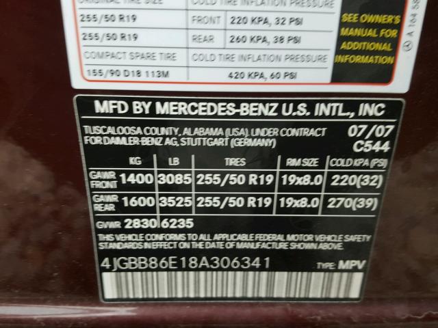 4JGBB86E18A306341 - 2008 MERCEDES-BENZ ML 350 MAROON photo 10