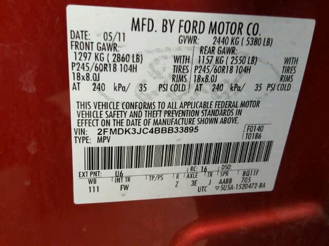 2FMDK3JC4BBB33895 - 2011 FORD EDGE SEL RED photo 10