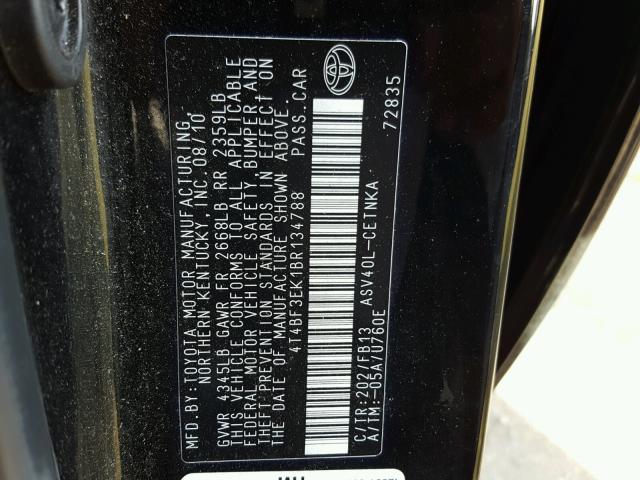 4T4BF3EK1BR134788 - 2011 TOYOTA CAMRY BASE BLACK photo 10