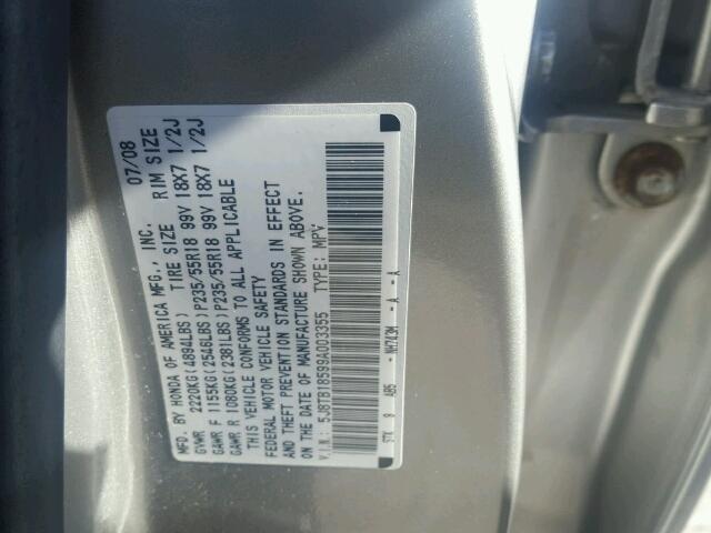 5J8TB18599A003355 - 2009 ACURA RDX SILVER photo 10