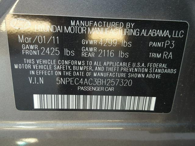 5NPEC4AC3BH257320 - 2011 HYUNDAI SONATA SE GRAY photo 10