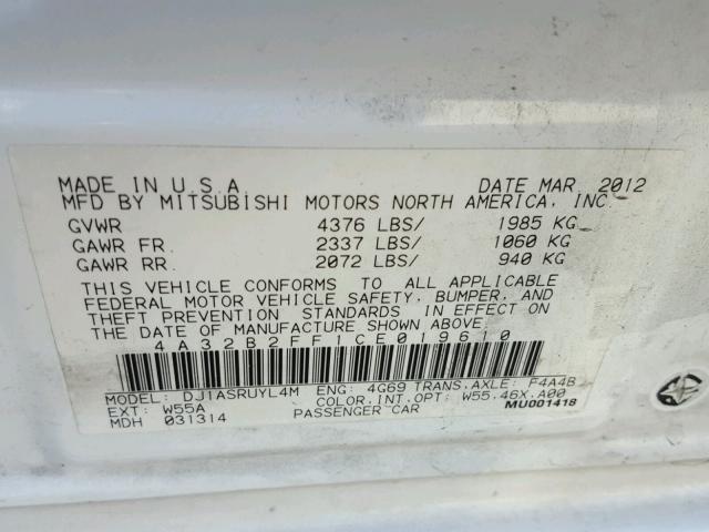 4A32B2FF1CE019610 - 2012 MITSUBISHI GALANT FE WHITE photo 10