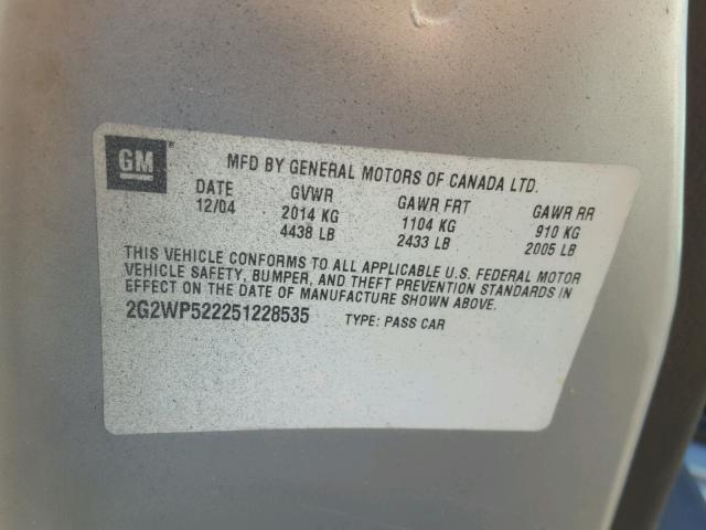 2G2WP522251228535 - 2005 PONTIAC GRAND PRIX SILVER photo 10