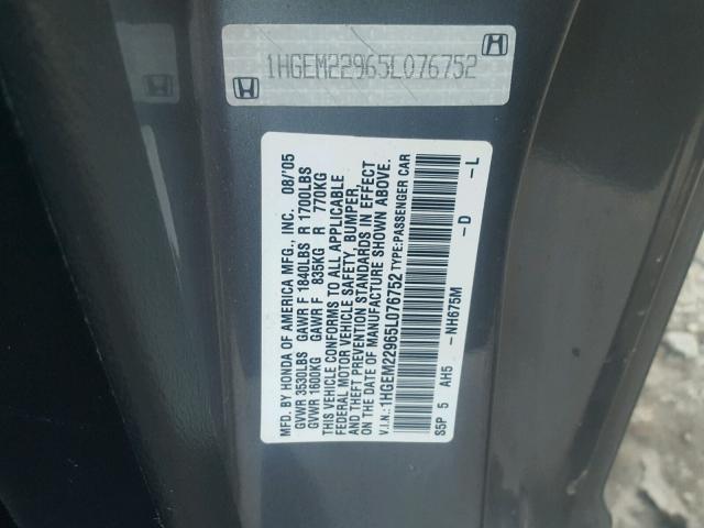 1HGEM22965L076752 - 2005 HONDA CIVIC EX Boz foto 10