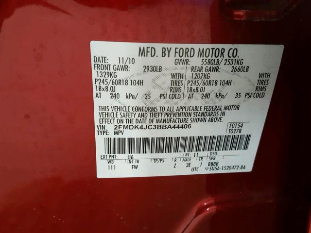 2FMDK4JC3BBA44406 - 2011 FORD EDGE SEL RED photo 10