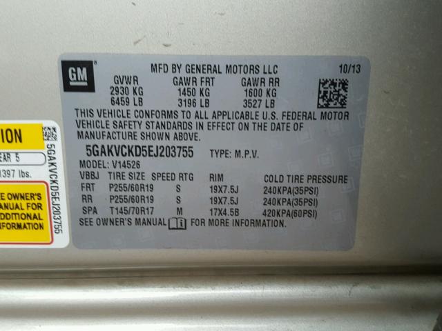 5GAKVCKD5EJ203755 - 2014 BUICK ENCLAVE BEIGE photo 10