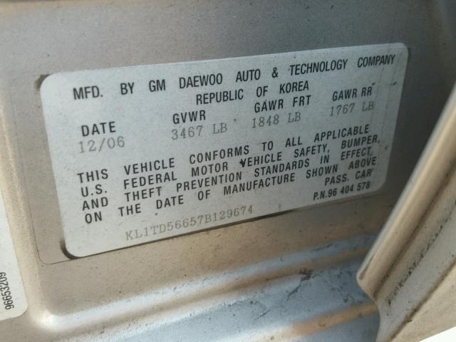 KL1TD56657B129674 - 2007 CHEVROLET AVEO BASE Srebrny zdjęcie 10