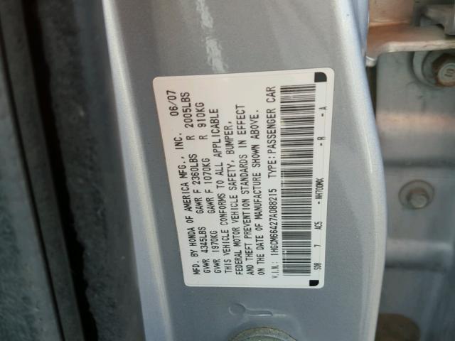 1HGCM66427A088215 - 2007 HONDA ACCORD SE SILVER photo 10