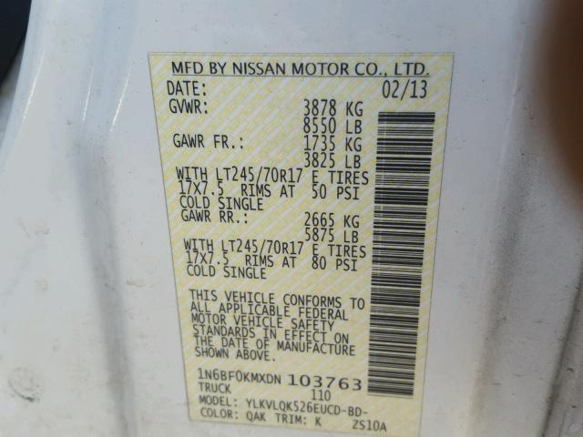 1N6BF0KMXDN103763 - 2013 NISSAN NV 1500 WHITE photo 10