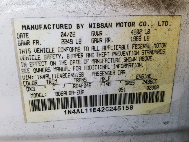 1N4AL11E42C245158 - 2002 NISSAN ALTIMA BAS WHITE photo 10