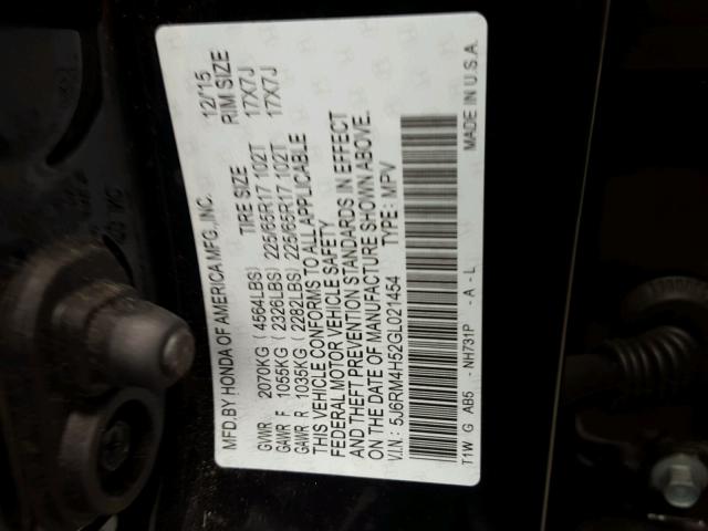 5J6RM4H52GL021454 - 2016 HONDA CR-V EX BLACK photo 10