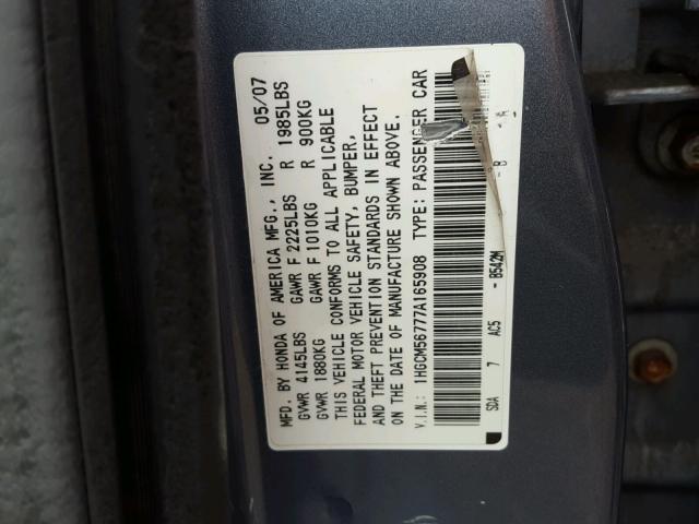 1HGCM56777A165908 - 2007 HONDA ACCORD EX BLUE photo 10