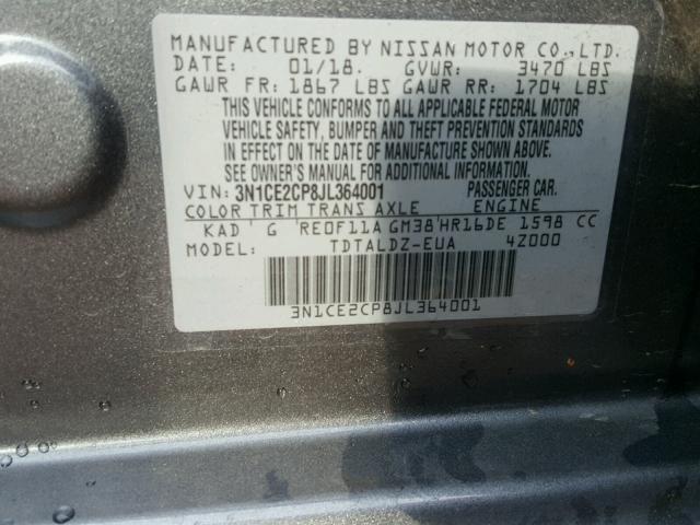 3N1CE2CP8JL364001 - 2018 NISSAN VERSA NOTE GRAY photo 10