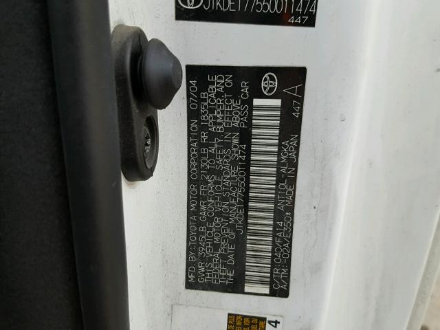 JTKDE177550011474 - 2005 TOYOTA SCION TC 白色 照片 10