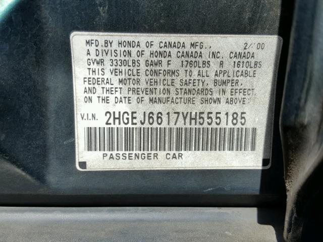 2HGEJ6617YH555185 - 2000 HONDA CIVIC BASE Жасыл фото 10