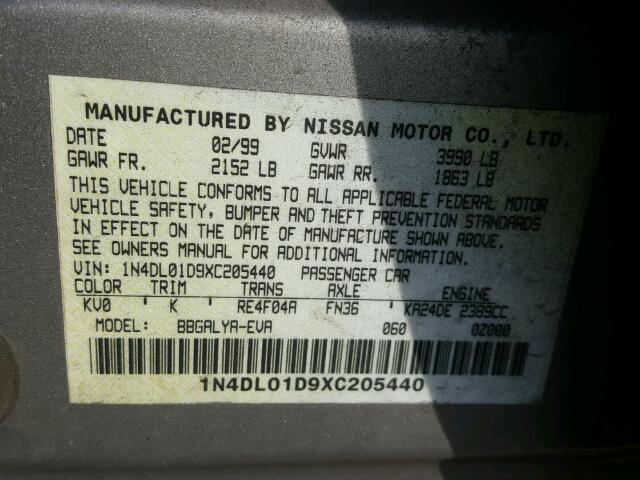 1N4DL01D9XC205440 - 1999 NISSAN ALTIMA XE SILVER photo 10