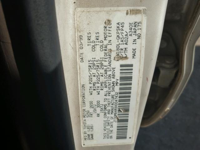 JT3GM84R8X0047432 - 1999 TOYOTA 4RUNNER GRAY photo 10