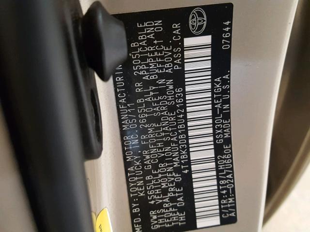 4T1BK3DB1BU421636 - 2011 TOYOTA AVALON BAS Złoty zdjęcie 10