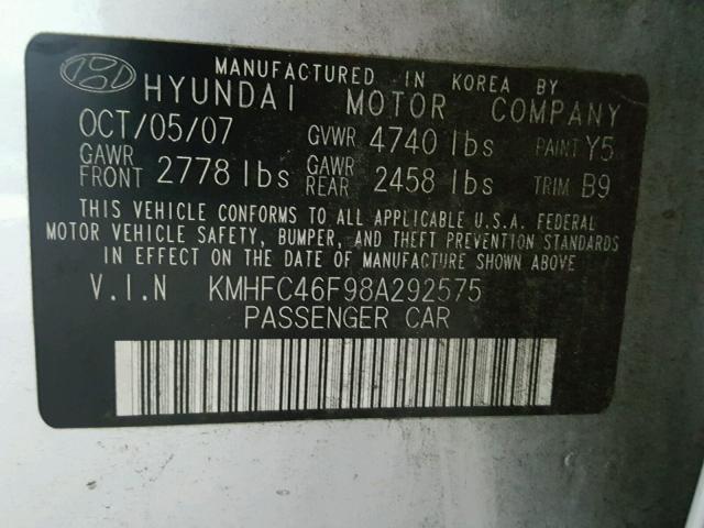 KMHFC46F98A292575 - 2008 HYUNDAI AZERA SE SILVER photo 10