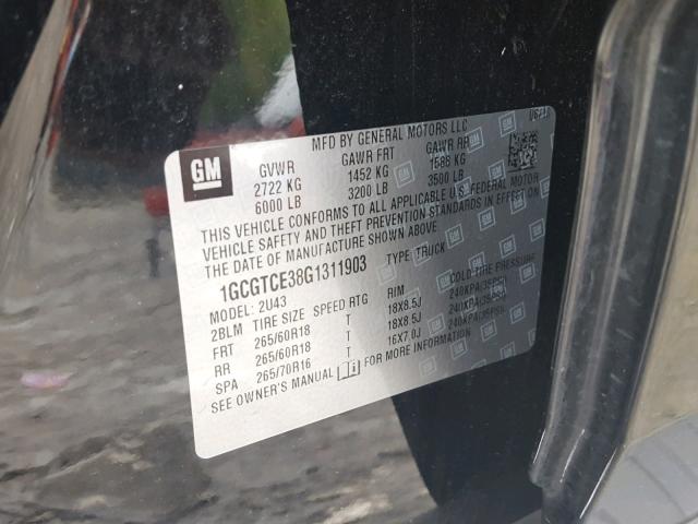 1GCGTCE38G1311903 - 2016 CHEVROLET COLORADO L BLACK photo 10