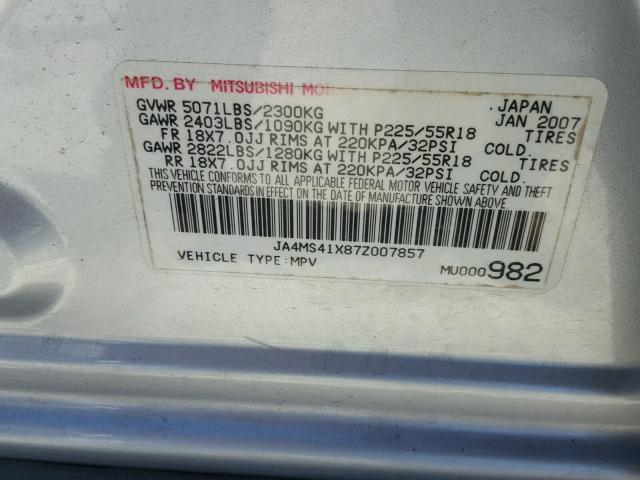 JA4MS41X87Z007857 - 2007 MITSUBISHI OUTLANDER SILVER photo 10